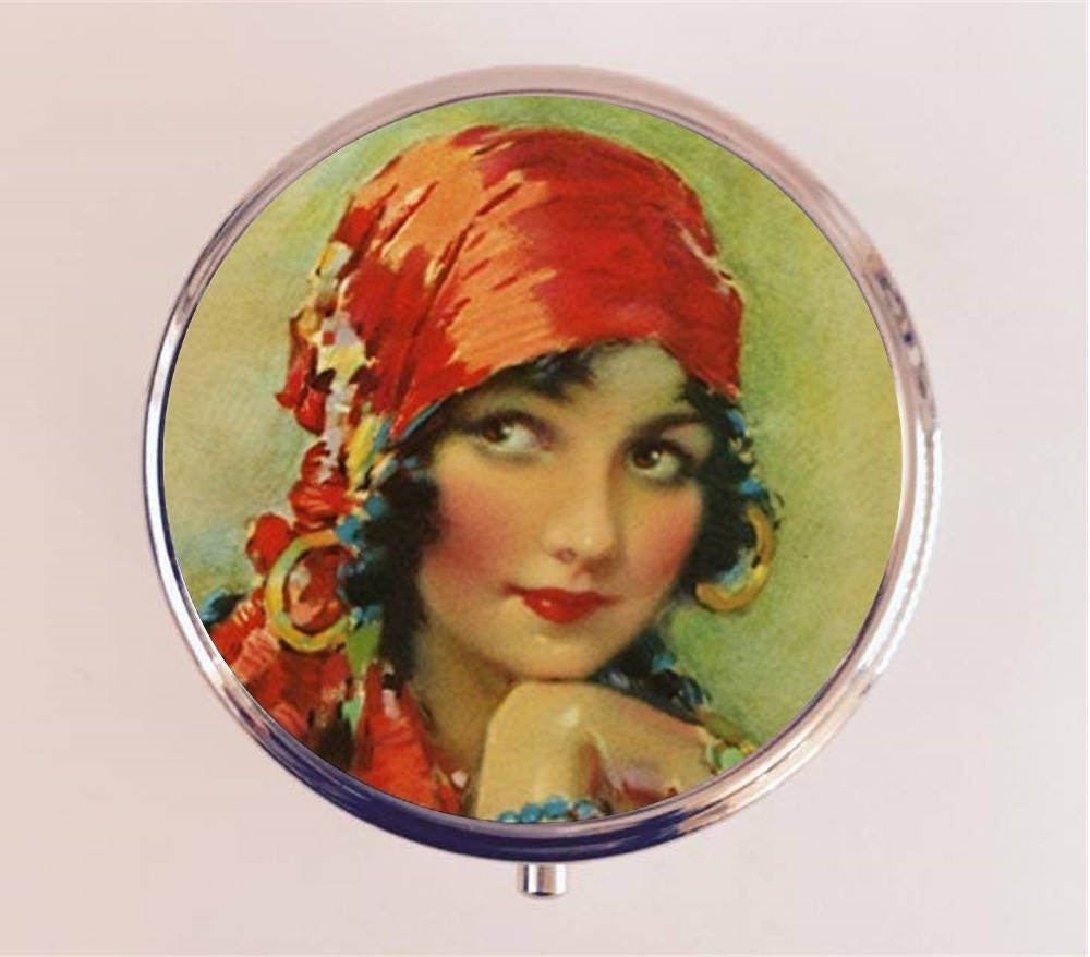 Gypsy Flapper Pill Box Case Pillbox Holder Stash Trinket Box Art Deco Boho Bohemian Illustration