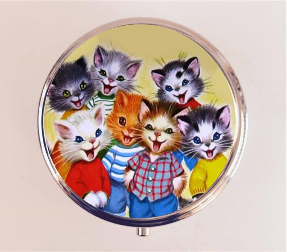 Retro Cat Pill Box Case Pillbox Holder Stash Trinket Box Kawaii 1950's Kitsch Kittens