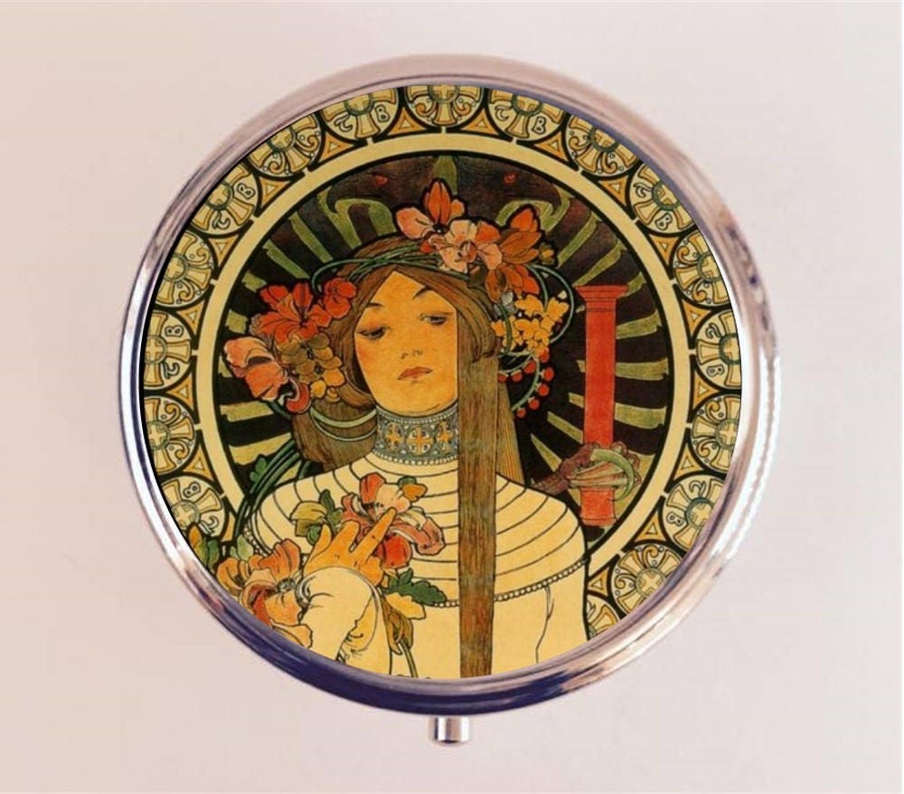 Alphonse Mucha Pill Box Case Pillbox Holder Stash Trinket Box Art Nouveau Boho Flower Bouquet