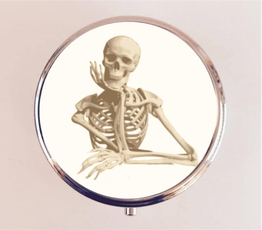 Skeleton Thinking Pill Box Case Pillbox Holder Stash Trinket Box Goth Gothic Macabre