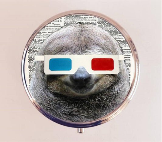 Sloth 3D Glasses Pill Box Case Pillbox Holder Stash Trinket Box Anthropomorphic Animal Pop Art Kitsch