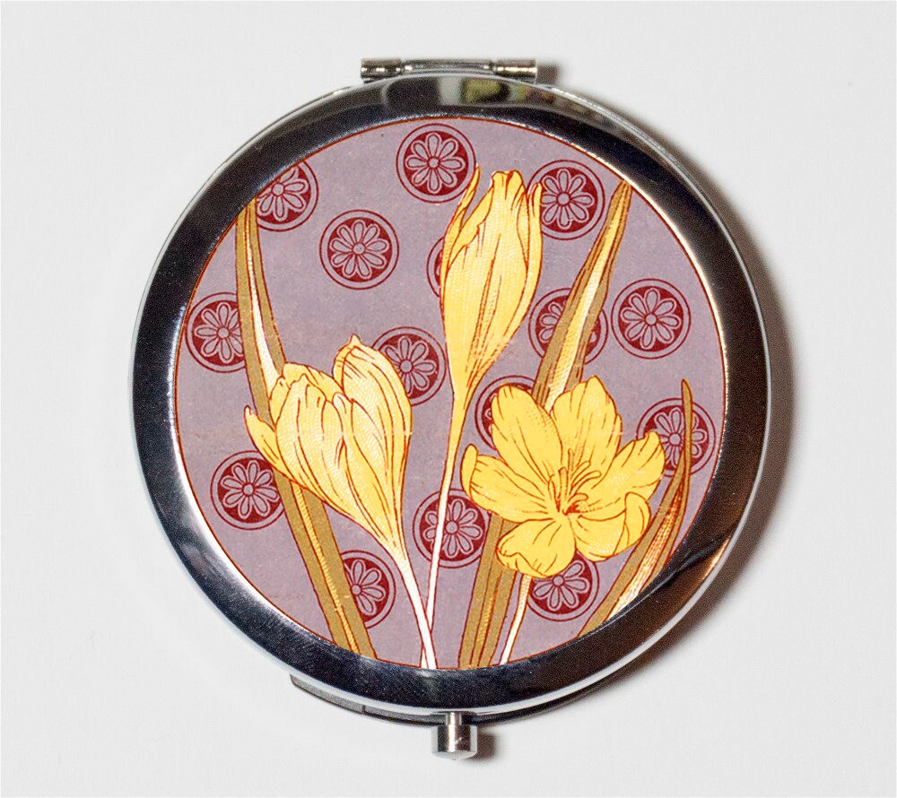 Art Nouveau Floral Compact Mirror - Crocus Flower Flowers Pattern - Make Up Pocket Mirror for Cosmetics