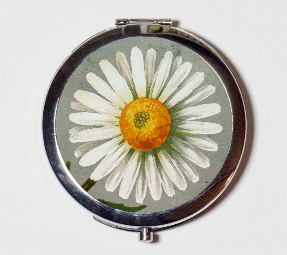 Daisy Flower Compact Mirror - Close Up Floral Illustration - Make Up Pocket Mirror for Cosmetics