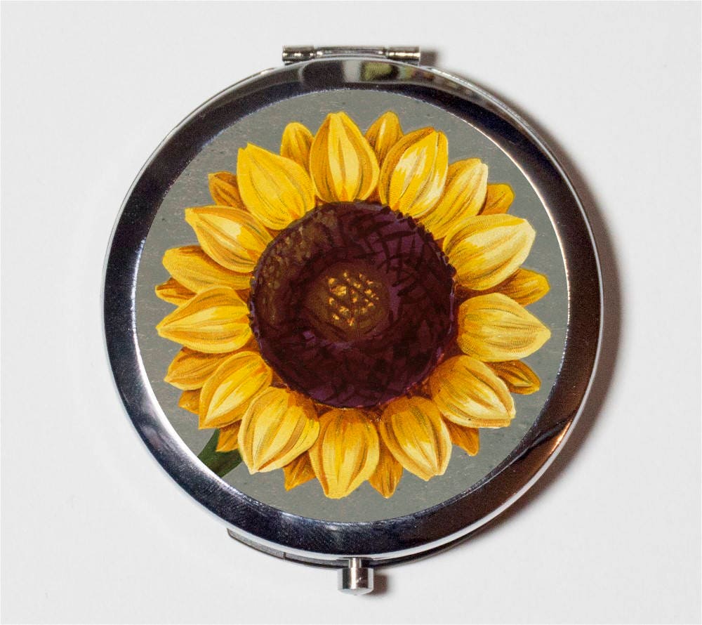 Sunflower Compact Mirror - Close Up Flower Floral Illustration - Make Up Pocket Mirror for Cosmetics