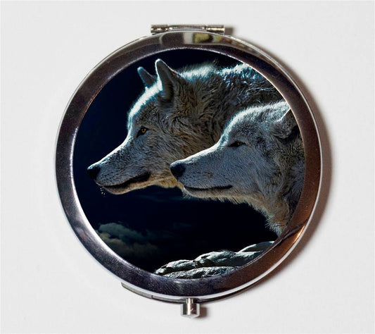 Wolves Compact Mirror - Wolf Couple Animal Photography - Make Up Pocket Mirror for Cosmetics