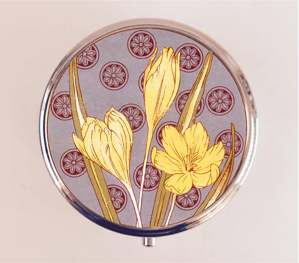 Art Nouveau Flower Pill Box Case Pillbox Holder Trinket Stash Box Floral Flowers Crocus Deco