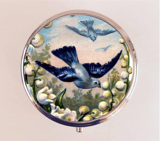 Bluebird Pill Box Case Pillbox Holder Trinket Stash Box Blue Bird Animal Art Bird Watching