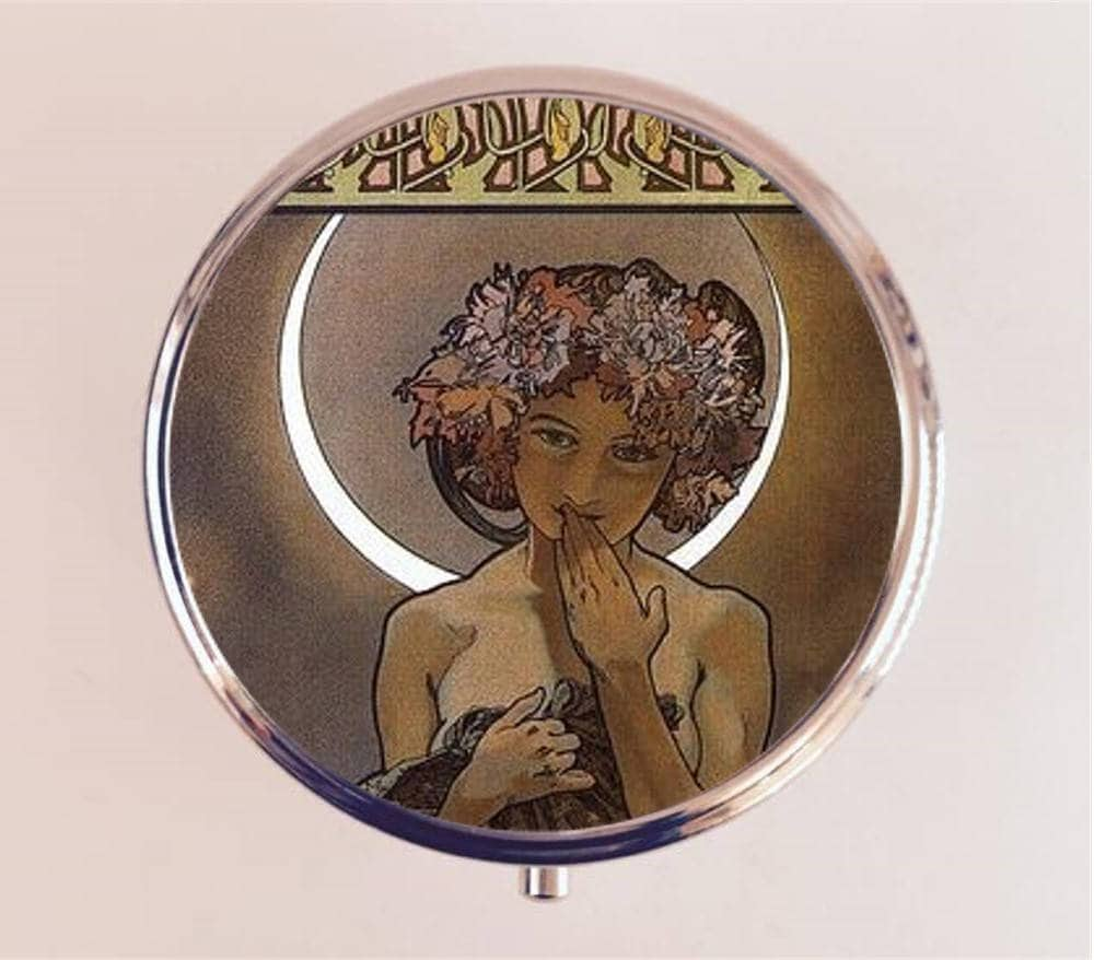 Alphonse Mucha Moon Pill Box Case Pillbox Holder Trinket Stash Box Crescent Moon Art Nouveau Goddess Boho Gypsy