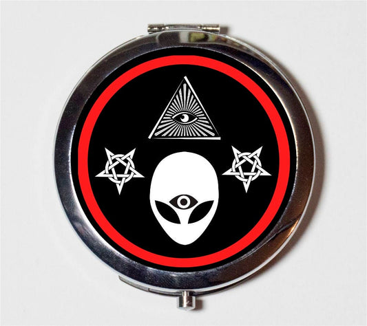 Alien Illuminati Compact Mirror - All Seeing Eye UFO Masonic Pentagram Occult - Make Up Pocket Mirror for Cosmetics