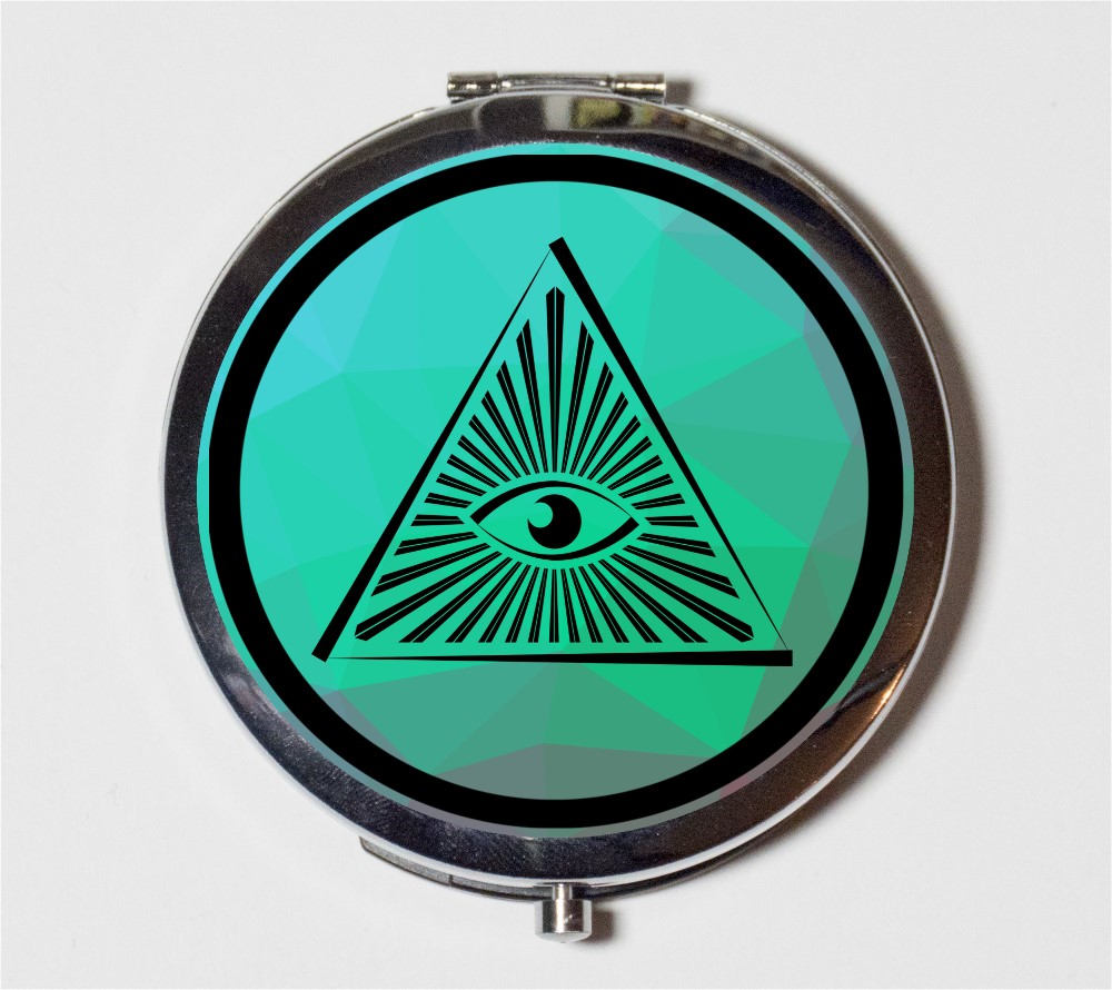 All Seeing Eye Compact Mirror - Illuminati Masonic Occult Teal - Make Up Pocket Mirror for Cosmetics