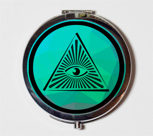 All Seeing Eye Compact Mirror - Illuminati Masonic Occult Teal - Make Up Pocket Mirror for Cosmetics