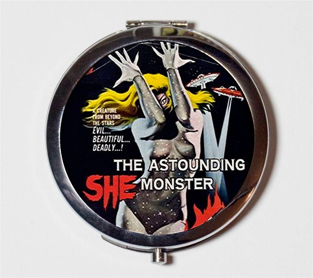 B-Movie Compact Mirror - She Monster Campy Retro Kitsch - Make Up Pocket Mirror for Cosmetics