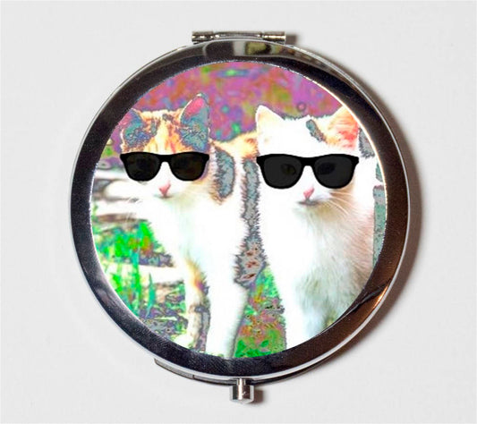 Cat Sunglasses Compact Mirror - Kitsch Kitten Pop Art - Make Up Pocket Mirror for Cosmetics