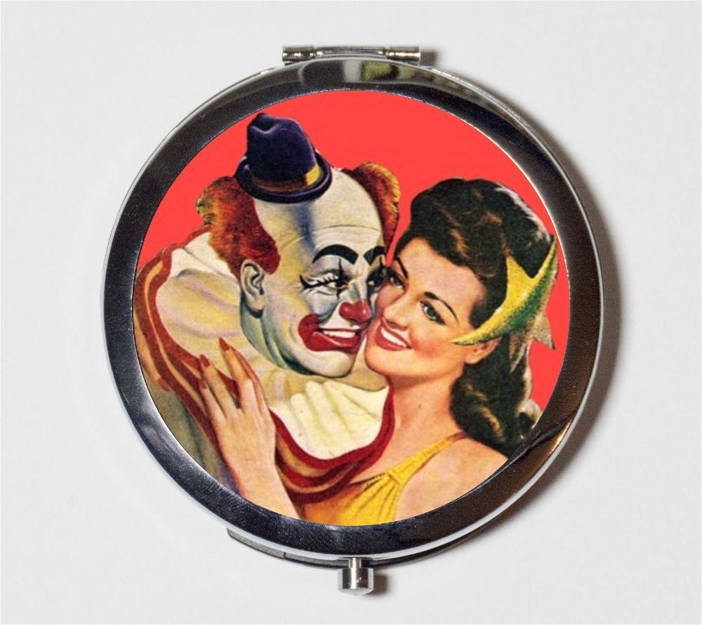 Clown Romance Compact Mirror - Pulp Fiction Retro Kitsch Comic Book - Make Up Pocket Mirror for Cosmetics