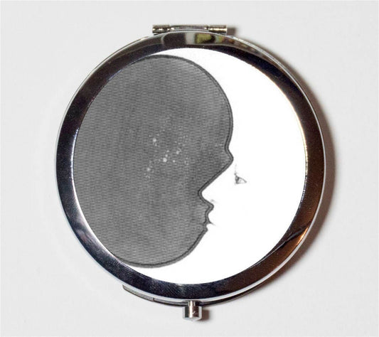 Crescent Moon Compact Mirror - Whimsical Man in Moon Storybook - Make Up Pocket Mirror for Cosmetics