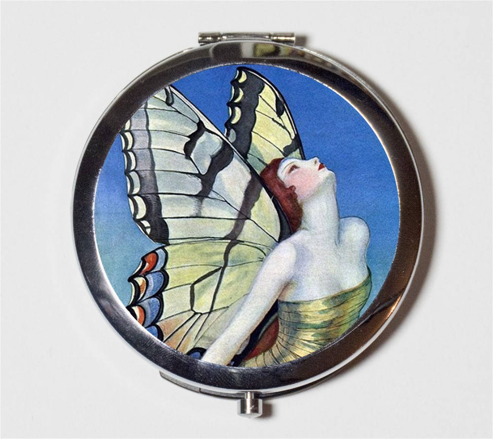 Flapper Butterfly Compact Mirror - Art Deco 1920s Jazz Age Butterflies - Make Up Pocket Mirror for Cosmetics