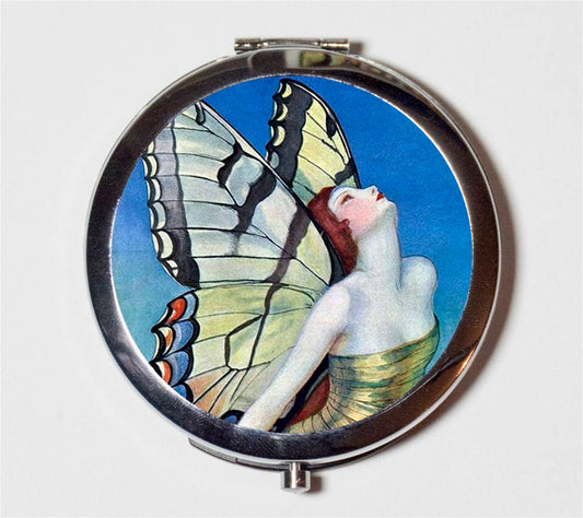 Flapper Butterfly Compact Mirror - Art Deco 1920s Jazz Age Butterflies - Make Up Pocket Mirror for Cosmetics