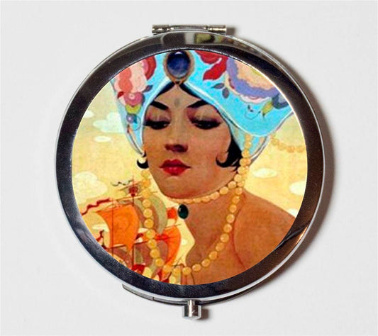 Flapper Turban Compact Mirror - Art Deco 1920s Jazz Age 20s - Make Up Pocket Mirror for Cosmetics