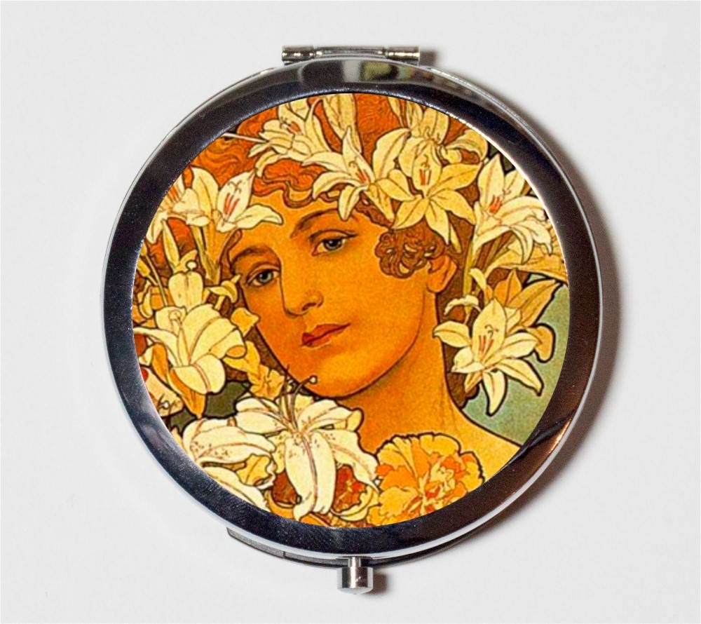 Alphonse Mucha Compact Mirror - Flower Floral Art Nouveau Edwardian Boho Gypsy - Make Up Pocket Mirror for Cosmetics