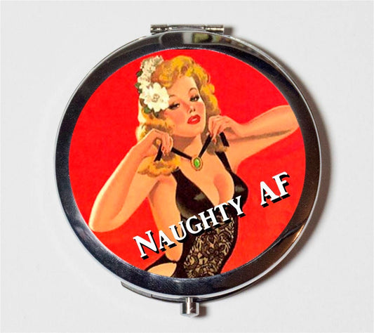 Naughty AF Pin Up Compact Mirror - Pinup Girl Rockabilly Funny Sexy - Make Up Pocket Mirror for Cosmetics