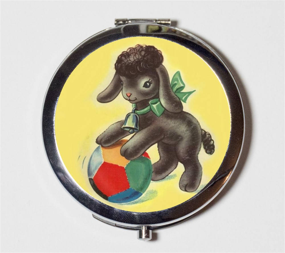 Retro Dog Compact Mirror - Puppy on Ball Retro Animal Art Whimsical - Make Up Pocket Mirror for Cosmetics