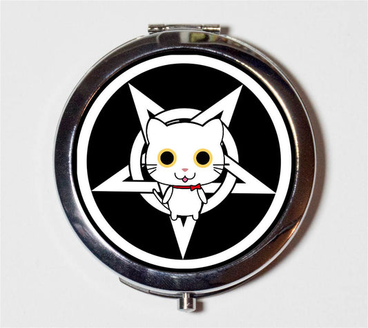 Pentagram Kitty Cat Compact Mirror - Kawaii Occult White Goth - Make Up Pocket Mirror for Cosmetics