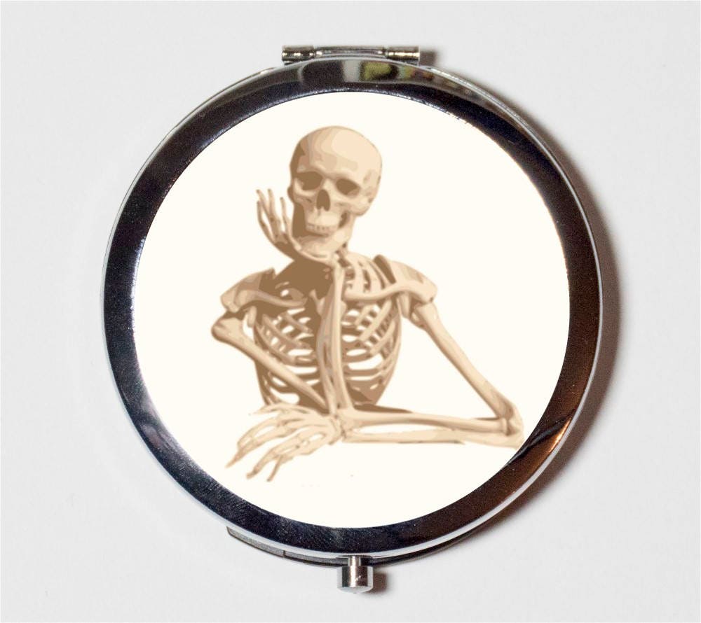 Skeleton Thinking Compact Mirror - Skull Goth Macabre Oddity - Make Up Pocket Mirror for Cosmetics