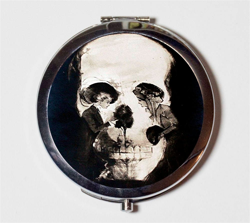 Skull Optical Illusion Compact Mirror - Two Women Goth Victorian Metamorphic - Make Up Pocket Mirror for Cosmetics