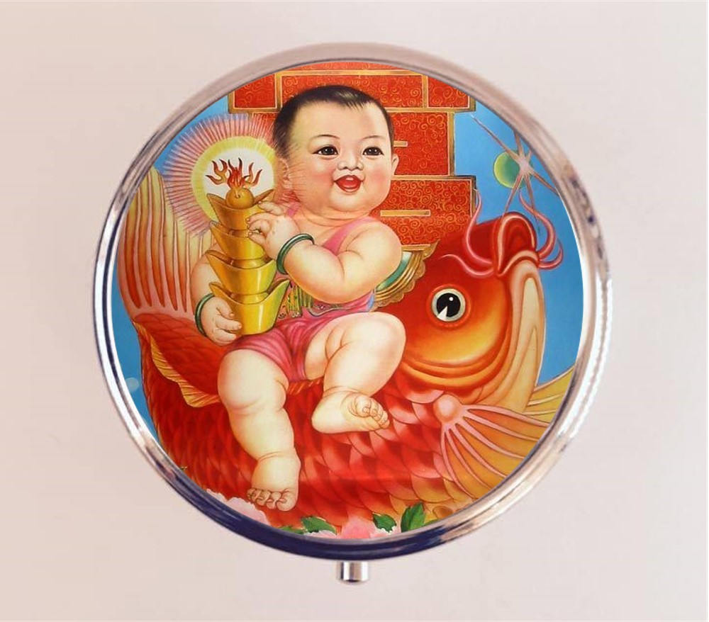 Chinese New Year Pill Box Case Pillbox Holder Trinket Stash Box Asian Art Baby with Koi Fish Goldfish