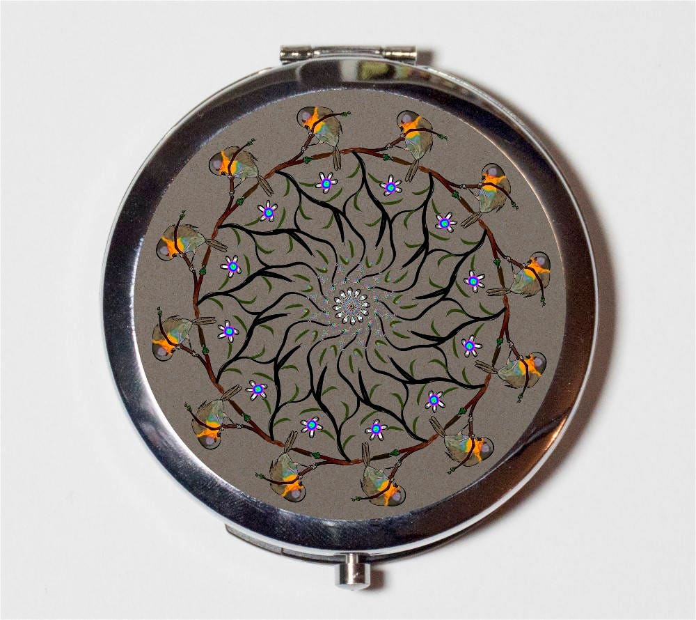 Bird Mandala Compact Mirror - New Age Spiritual Spirituality Buddhism - Make Up Pocket Mirror for Cosmetics