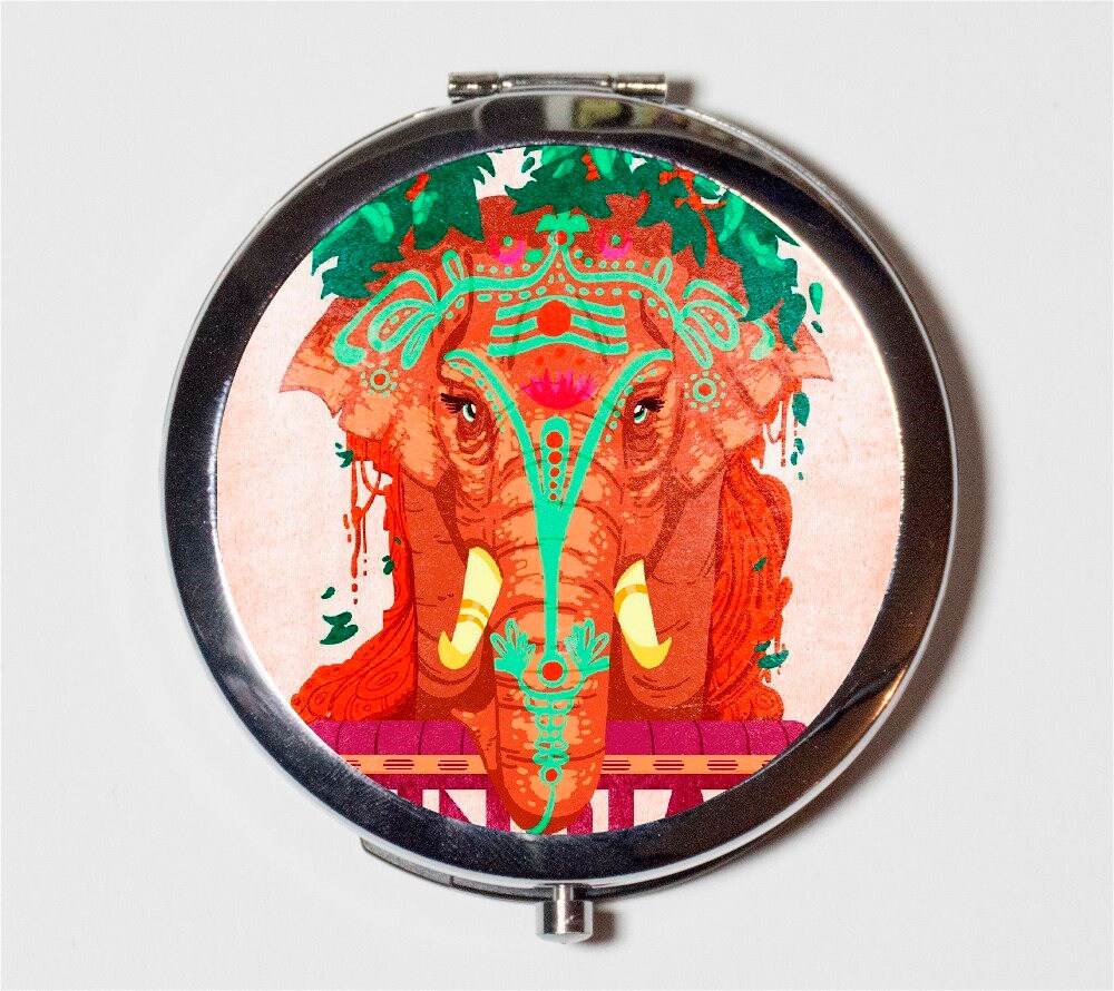 Indian Elephant Compact Mirror - Spiritual New Age Spirituality India - Make Up Pocket Mirror for Cosmetics