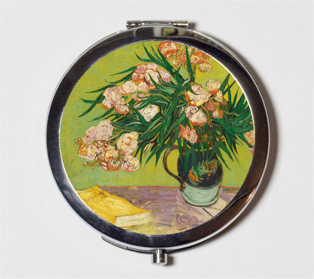 Vincent Van Gogh Flower Compact Mirror - Oleander Floral Fine Art Painting - Make Up Pocket Mirror for Cosmetics