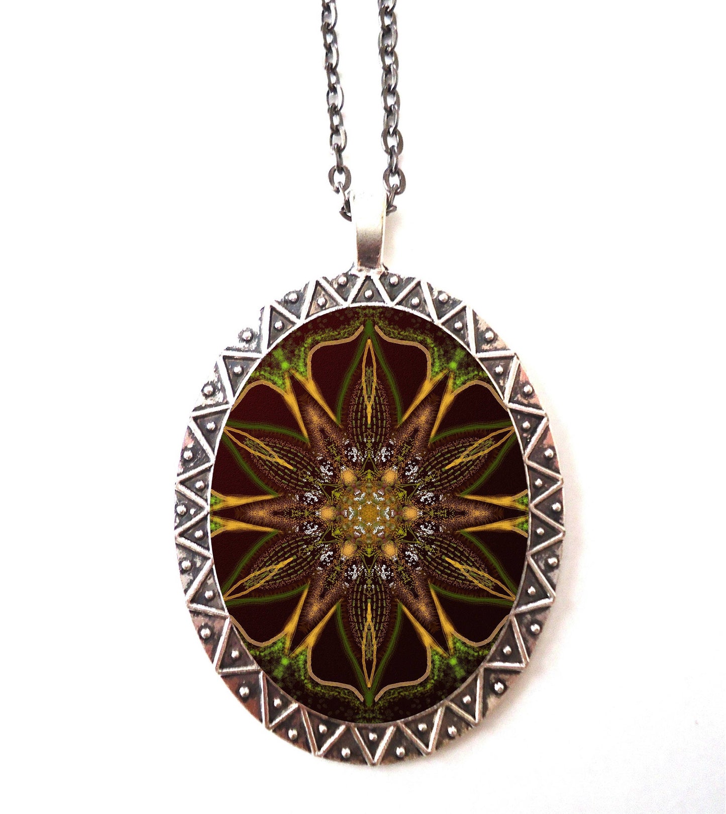 Earth Tone Mandala Necklace Pendant Silver Tone - New Age Buddhism Spirituality Spiritual Buddhist