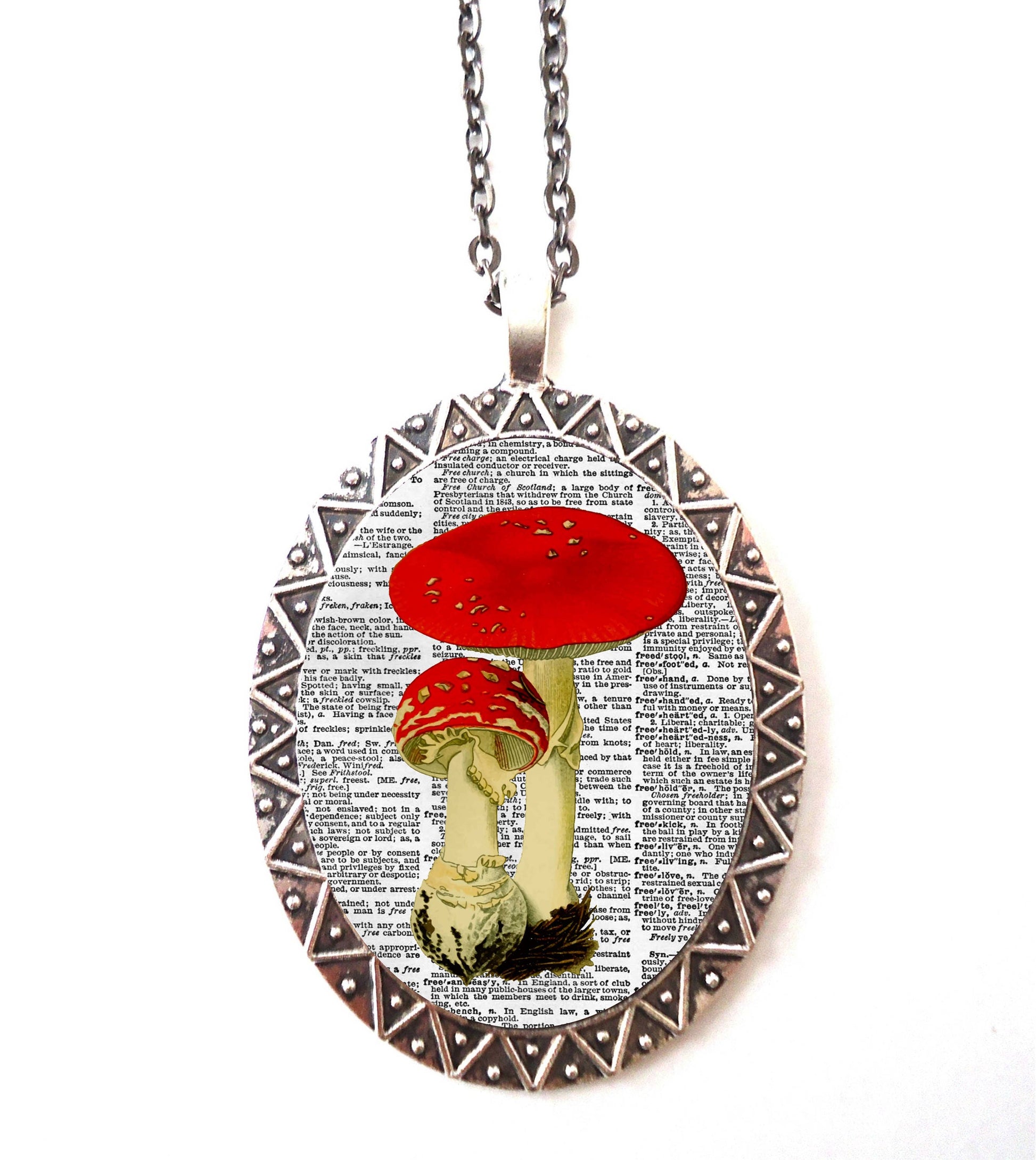 Mushroom Necklace Pendant Silver Tone - Fungus Fungi Plant Medicine on Dictionary Page