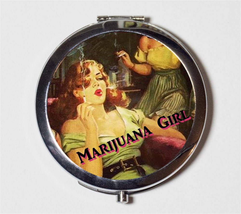 Marijuana Girl Compact Mirror - Reefer Cannabis Pot Smoking Weed Pulp Fiction - Make Up Pocket Mirror for Cosmetics