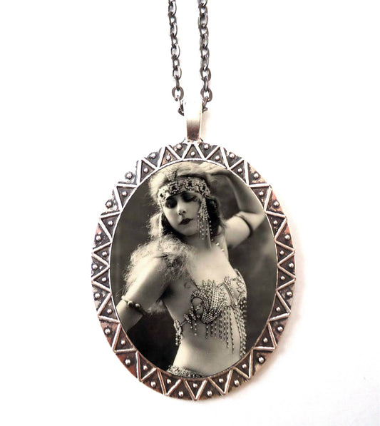 Belly Dancer Flapper Necklace Pendant Silver Tone - Cleopatra Egyptian Revival Dancing Art Deco 1920s Middle Eastern