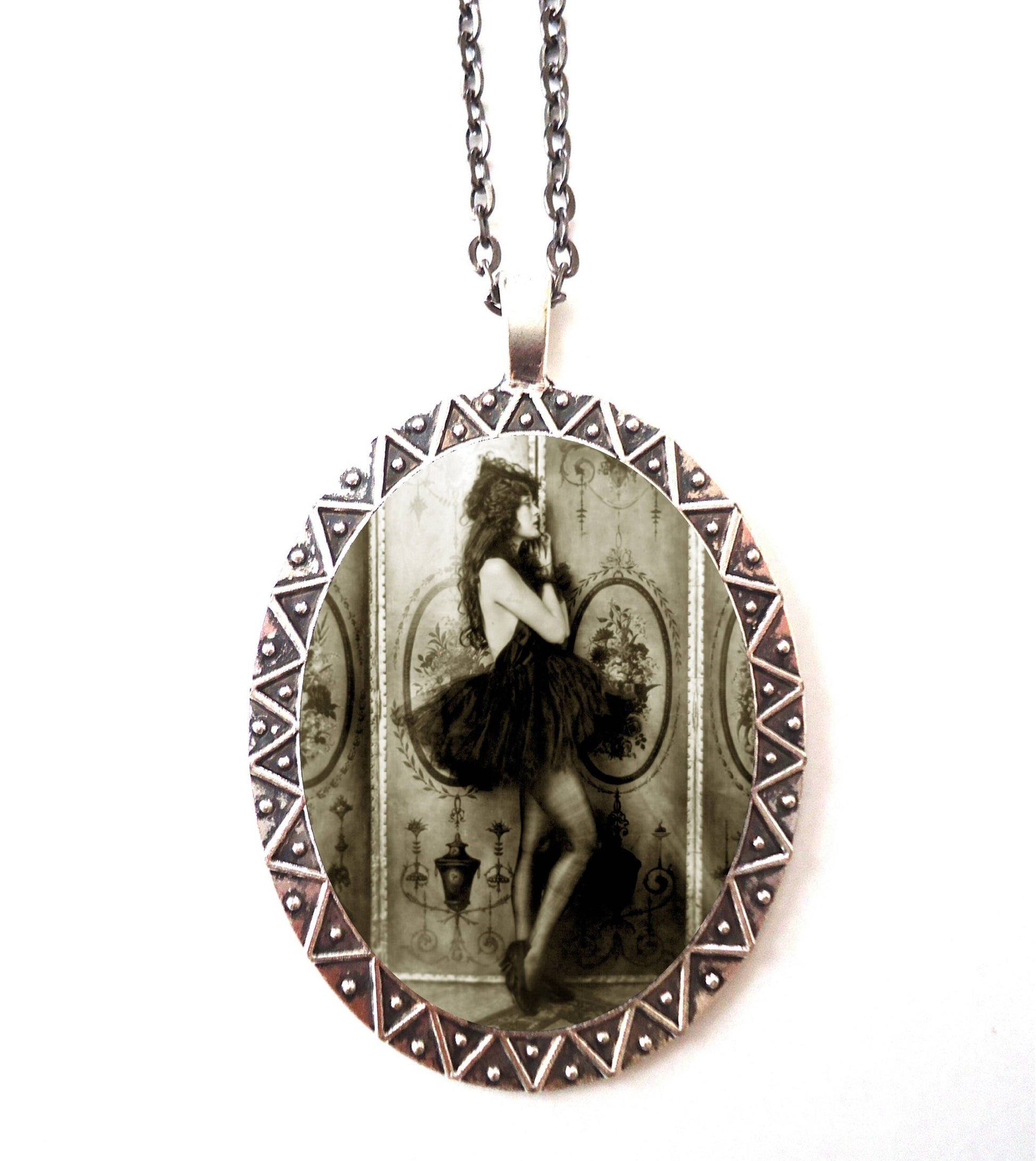 Flapper Ziegfeld Follies Necklace Pendant Silver Tone - Art Deco 1920s Showgirl Dancer Roaring 20s Ballerina Tutu