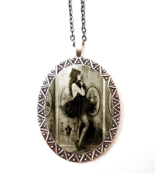 Flapper Ziegfeld Follies Necklace Pendant Silver Tone - Art Deco 1920s Showgirl Dancer Roaring 20s Ballerina Tutu