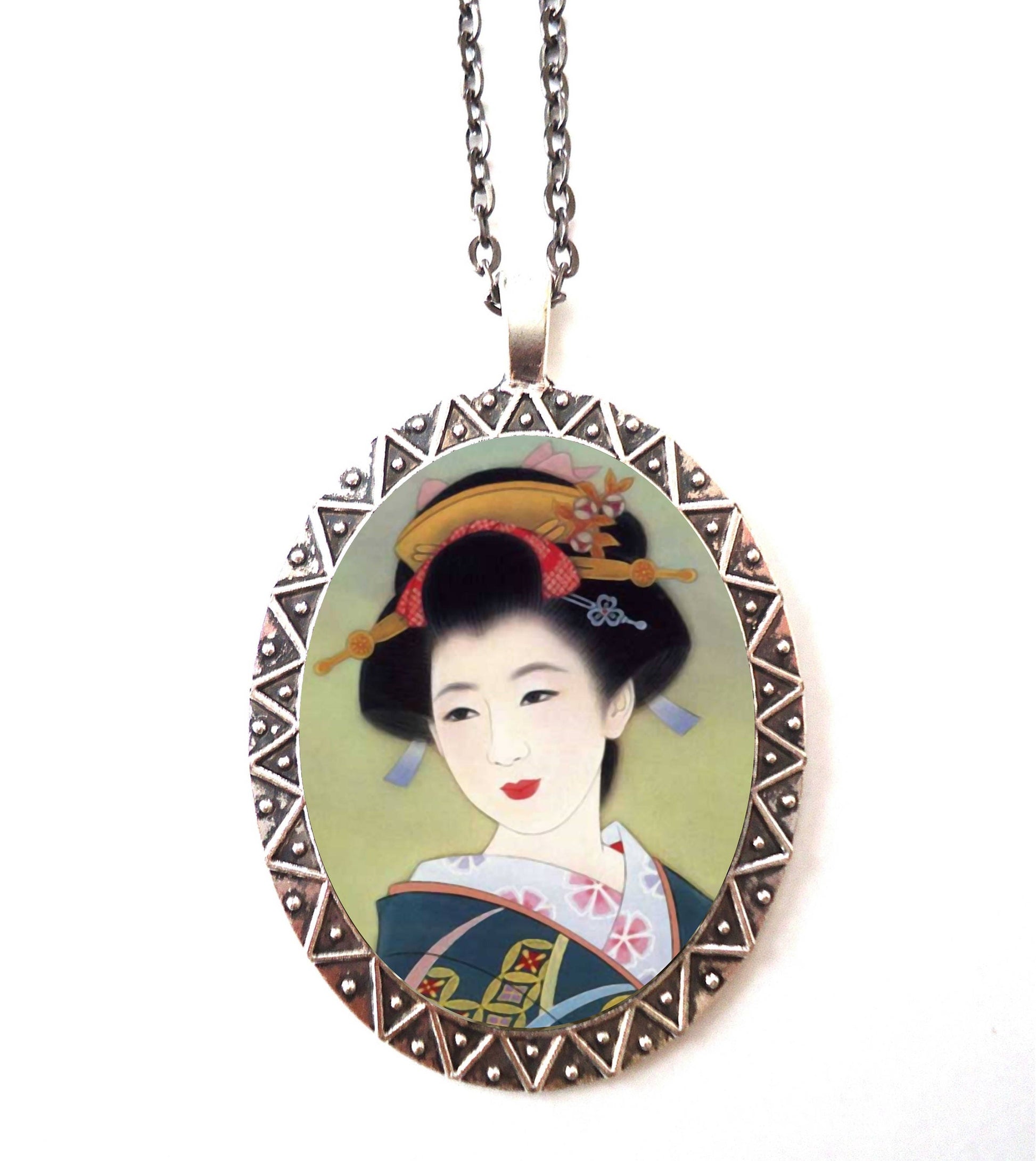 Geisha Necklace Pendant Silver Tone - Japanese Japan Asian Art Portrait