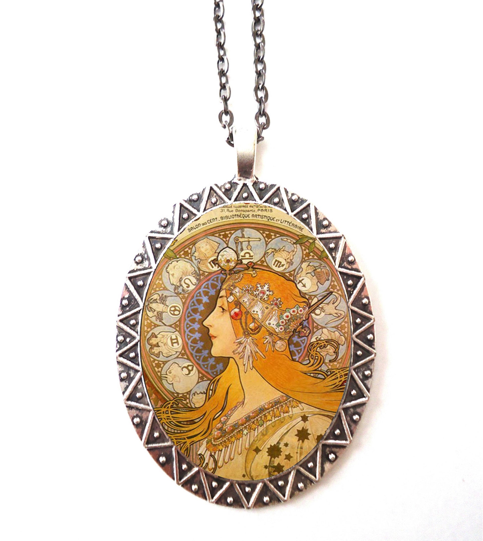 Alphonse Mucha Necklace Pendant Silver Tone - Art Nouveau Gypsy Boho Bohemian Edwardian Zodiac Astrological