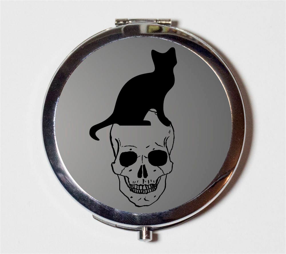 Cat Skull Compact Mirror - Witch Witchcraft Goth Halloween - Make Up Pocket Mirror for Cosmetics