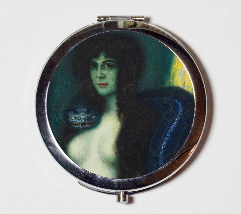 Snake Woman Compact Mirror - Franz Von Stuck Goth Fine Dark Art Painting - Make Up Pocket Mirror for Cosmetics