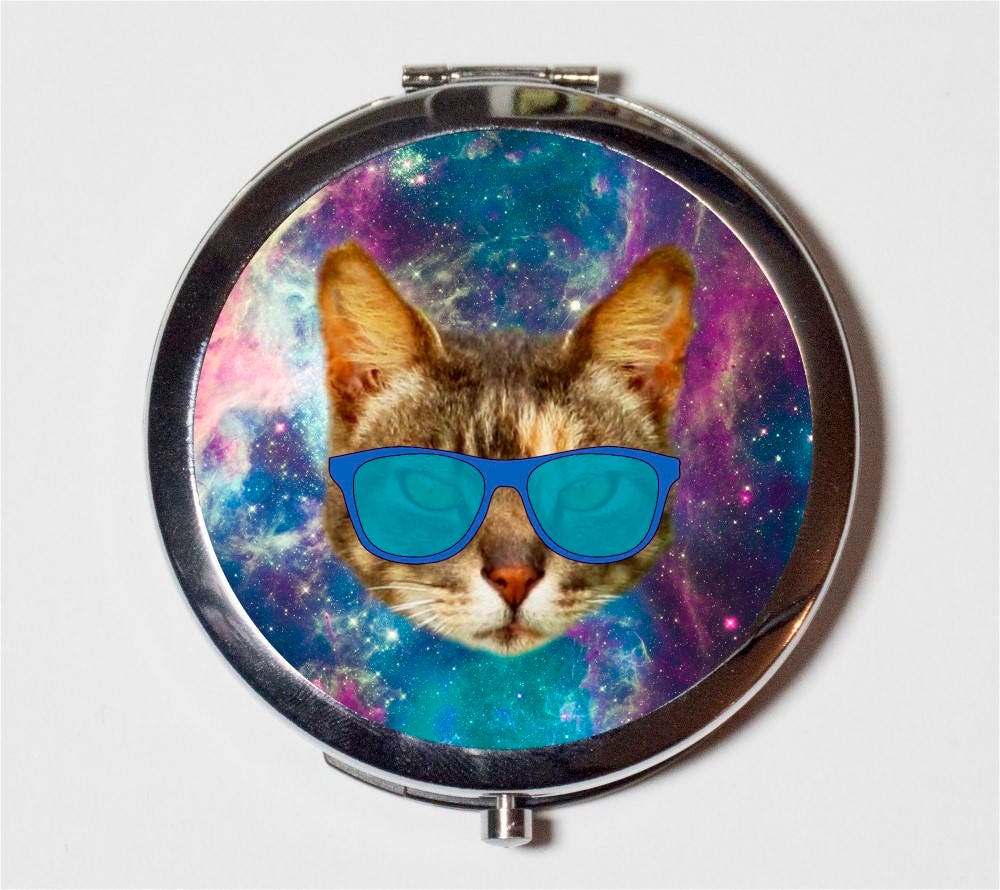 Outerspace Cat Compact Mirror - Universe Animal Pop Art Eye Glasses - Make Up Pocket Mirror for Cosmetics