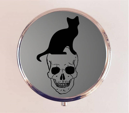 Black Cat Skull Pill Box Case Pillbox Holder Trinket Stash Box Witch Witchcraft Goth Halloween Magick