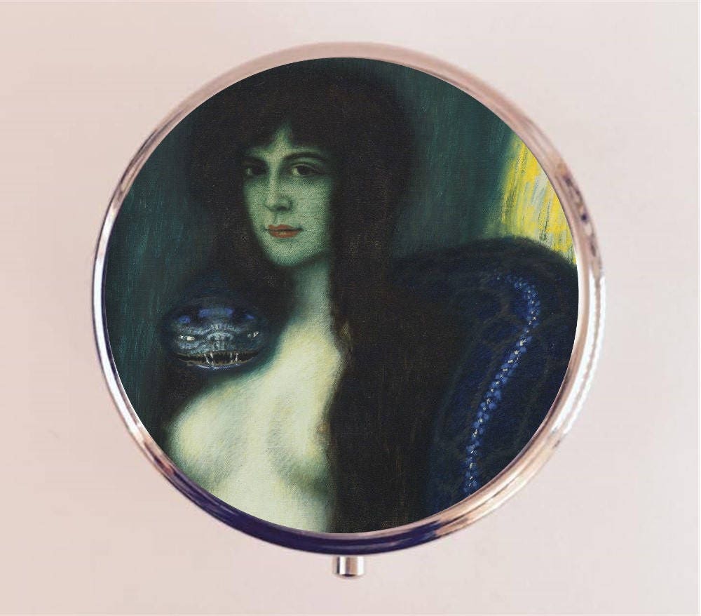 Snake Woman Pill Box Case Pillbox Holder Trinket Stash Box Franz Von Stuck Fine Dark Art Painting