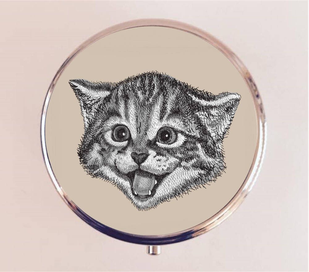 Happy Cat Pill Box Case Pillbox Holder Trinket Stash Box Kawaii Pop Art Kitten