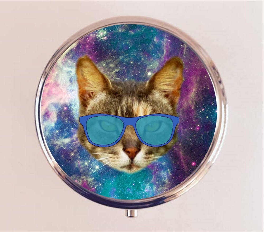 Outerspace Cat Pill Box Case Pillbox Holder Trinket Stash Box Universe Kawaii Eye Glasses Universe Space Animal Art