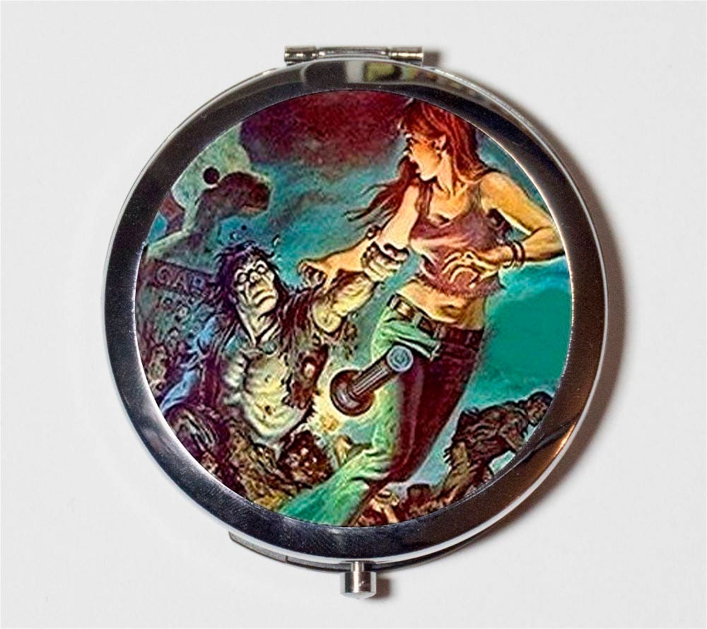 Retro Zombie Compact Mirror - Horror Pulp Fiction Zombies - Make Up Pocket Mirror for Cosmetics