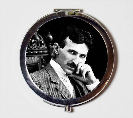 Nikola Tesla Compact Mirror - Inventor Science Portrait - Make Up Pocket Mirror for Cosmetics