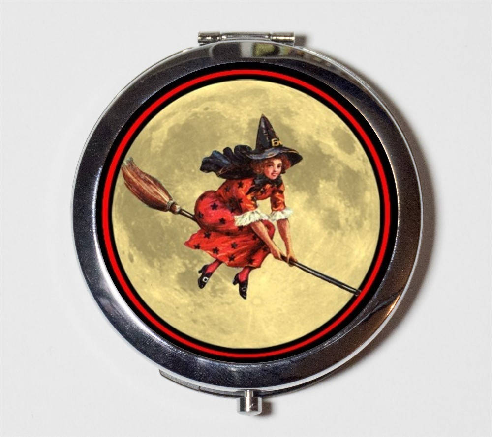 Flying Witch Compact Mirror - Halloween Retro Witchcraft - Make Up Pocket Mirror for Cosmetics